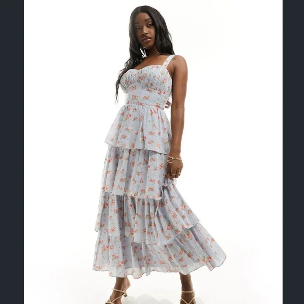 NWT Sz L Lace-Up Back Tiered Floral Blue Maxi Dress